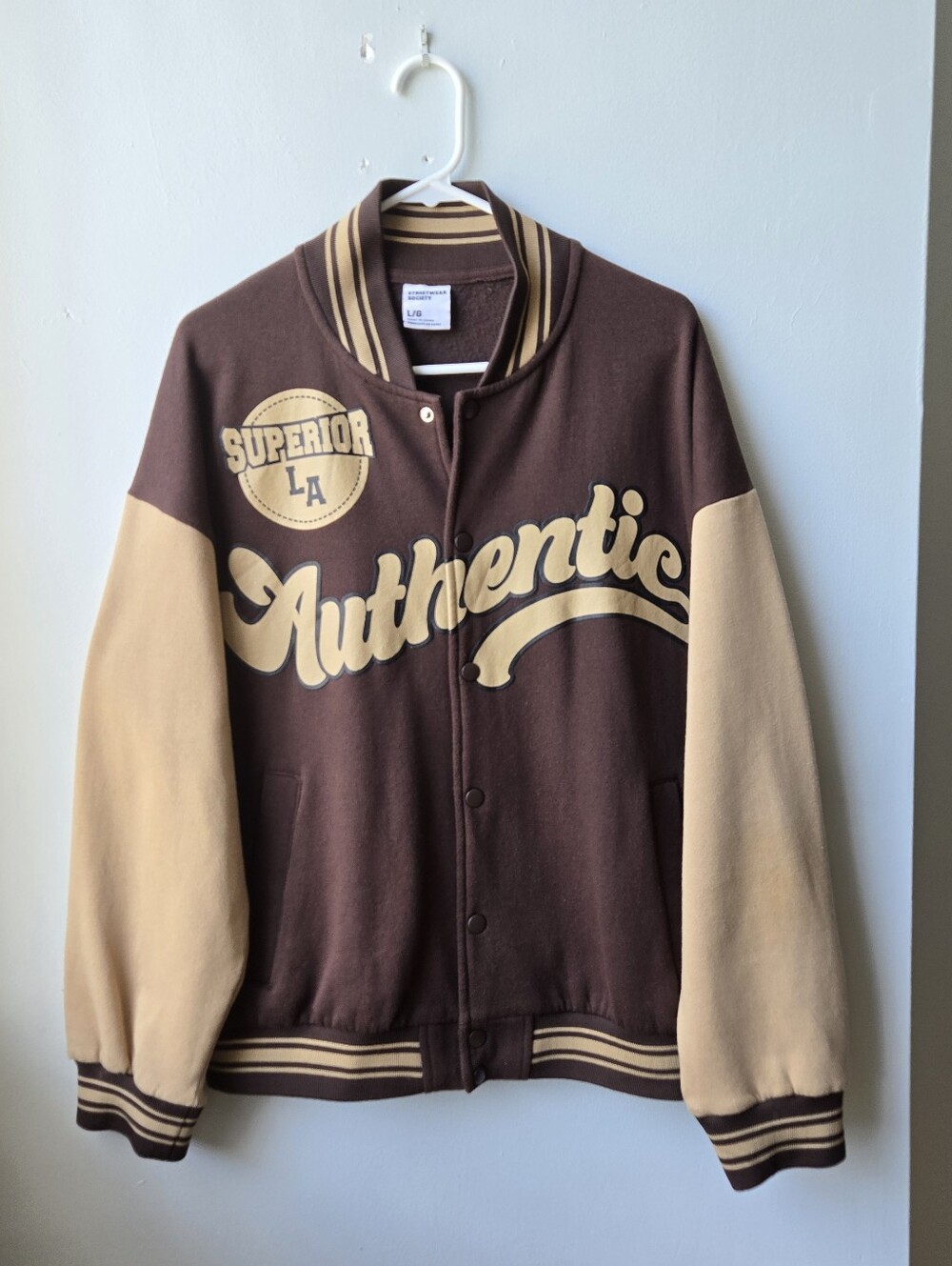 Streetwear Society Authentic ChocBrown Cream Varsity Bomber Jacket Shacket Retro